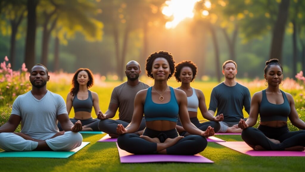 Diverse group practicing mindfulness meditation together in a park at sunrise, promoting mental wellness and community.
