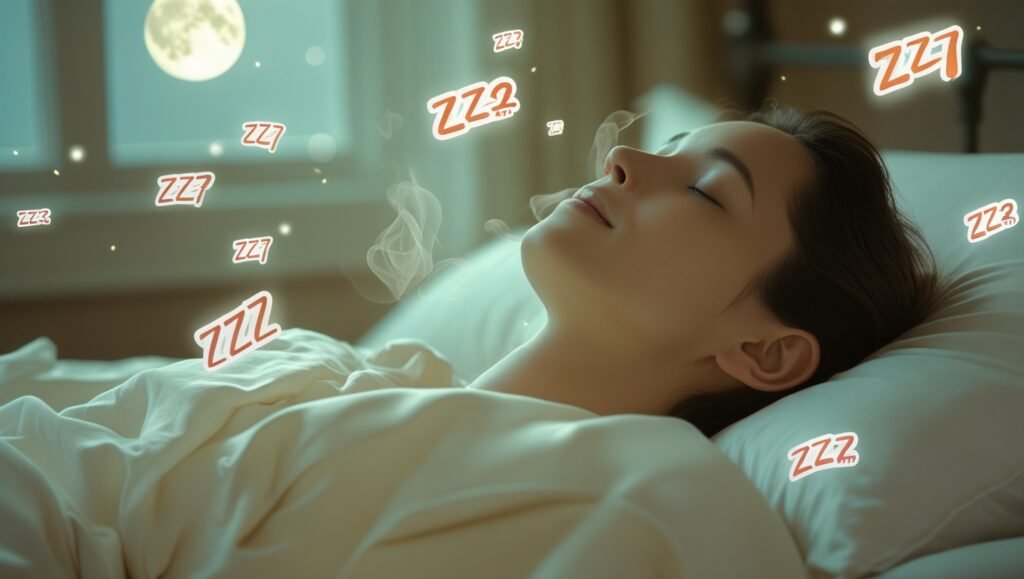 Person in bed practicing 4-7-8 breathing technique with moonlit window and sleep zzz icons