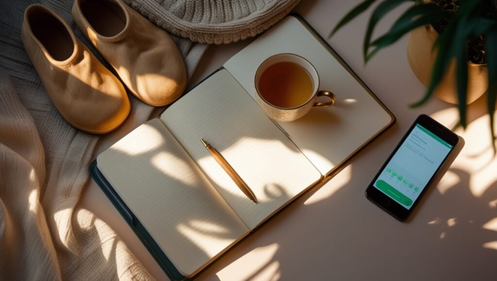 various depression coping tools: journal, headphones, tea, and walking shoes on wooden table
