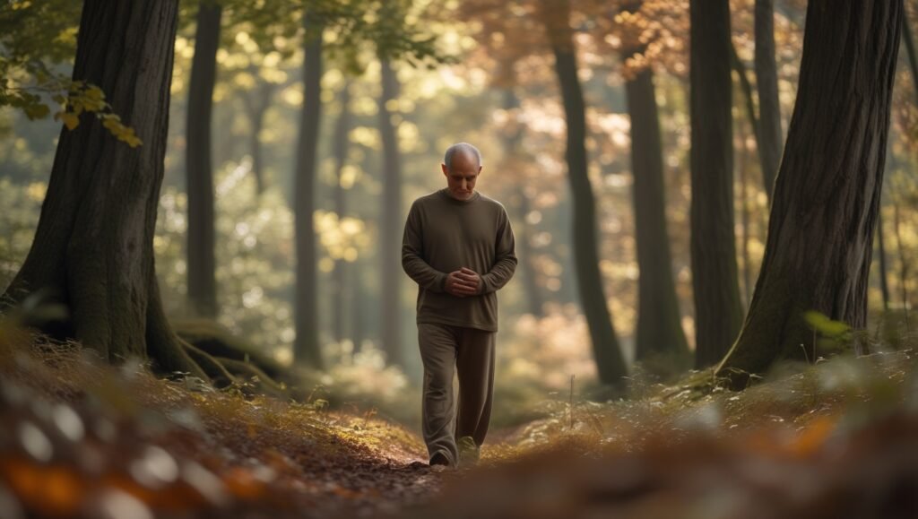 Man mindfully walking in nature, demonstrating movement meditation for stress relief.