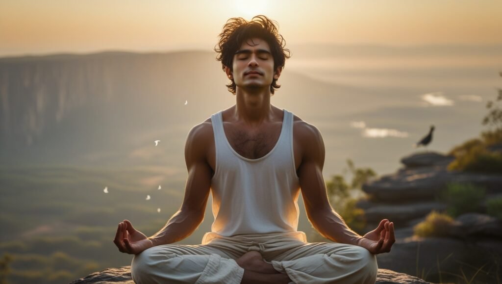 Young man practicing kapalabhati breathing at sunrise 