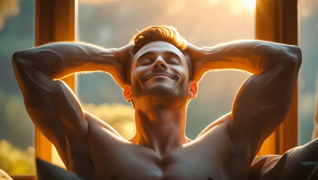 man stretching happily in sunlight after a night of deep sleep with meditation