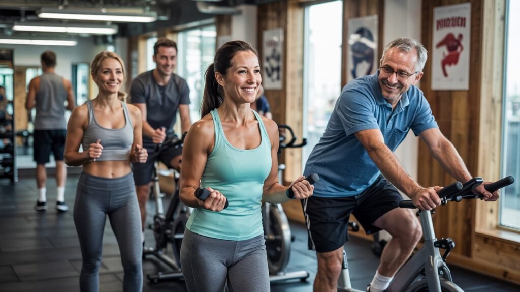 Group of mixed-age adults smiling while exercising together at gym - strength training, cycling and stretching